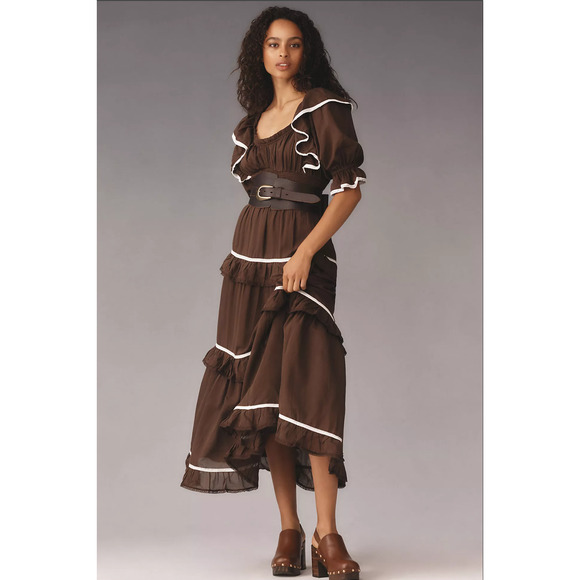 NWT Anthropologie Puff-Sleeve Brown Tiered Maxi Dress - Small - Picture 2 of 4